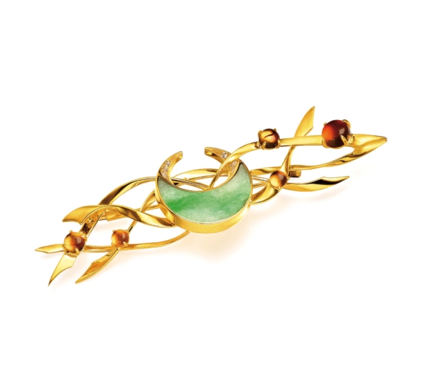 Daisy chan brosza: bursztyn bałtycki, jadeit, złoto, diamenty