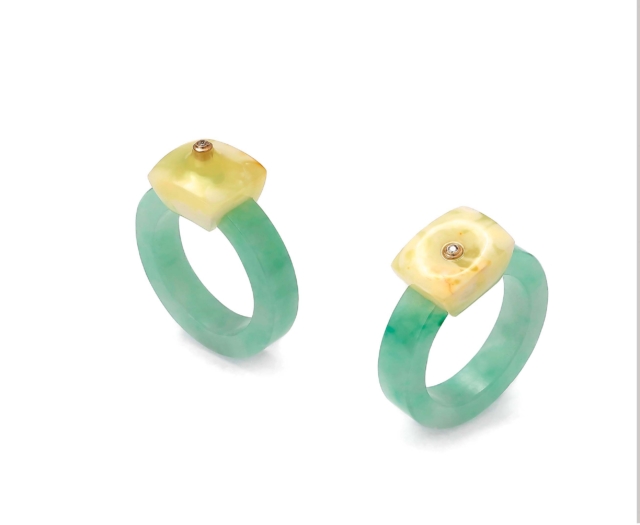 Sławomir fijałkowski pierścionki: bursztyn bałtycki, jadeit, złoto, diament