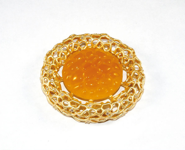 Chilli jewellery: wisior bursztyn bałtycki, srebro złocone, diamenty